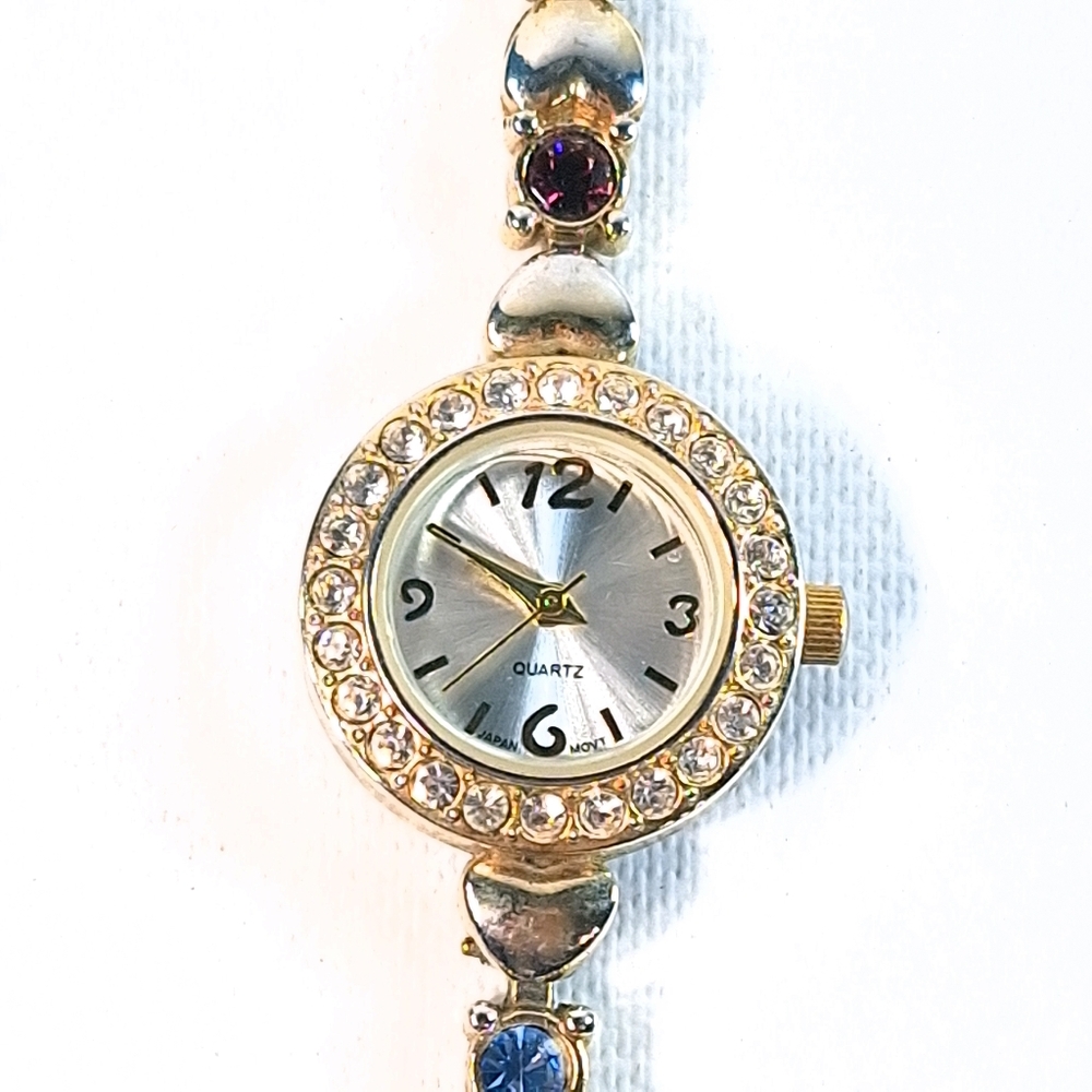 Vintage Gold Tone Crystal Watch Multicolor Gems Hearts Bracelet New Battery